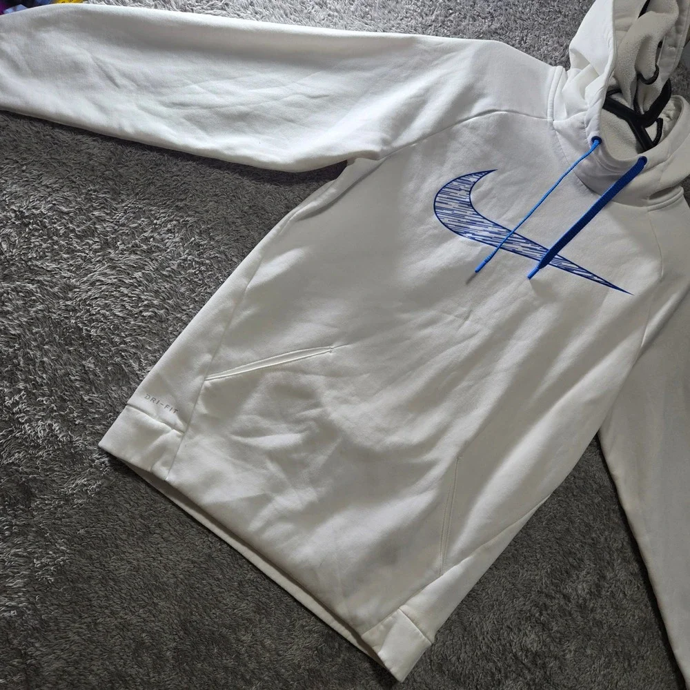 Nike Dri-FIT Mens Training Hoodie White Blue Graphic Swoosh Sweatshirt Small